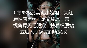 C罩杯极品美乳小姐姐，大红唇性感黑丝，足交舔屌，第一视角操无毛肥穴，扶着细腰站立后入，搞完厕所尿尿